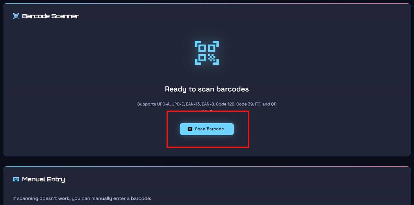 Scanner interface in idle state ready to scan barcodes