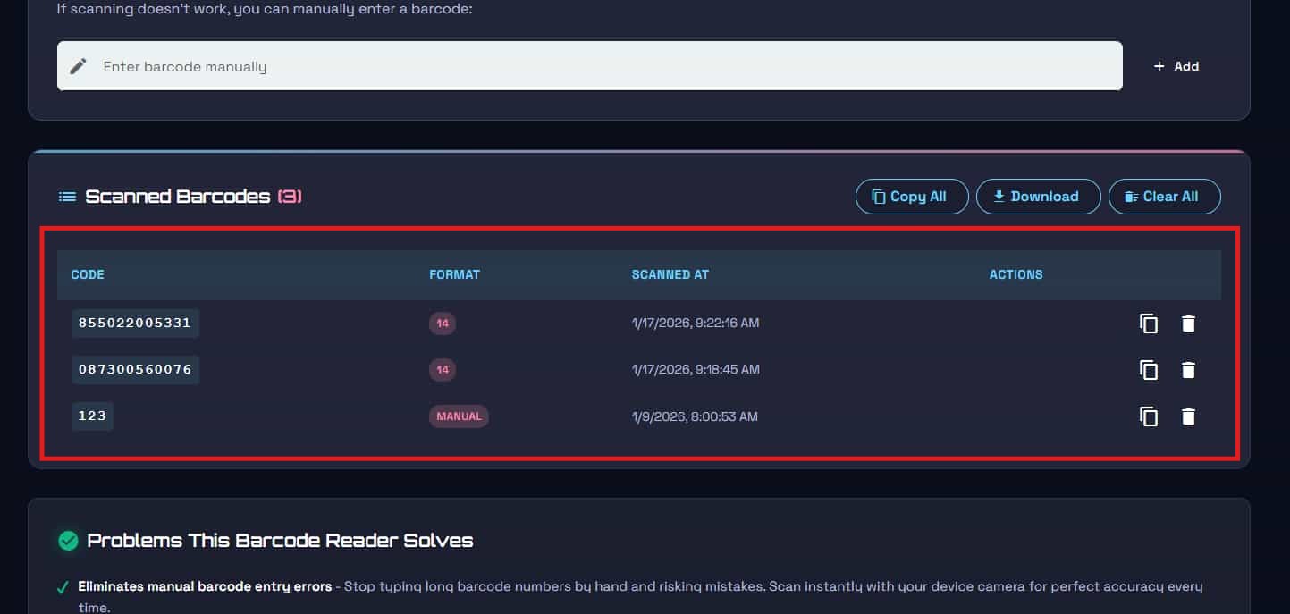 Scanned barcodes table with codes, formats, and timestamps