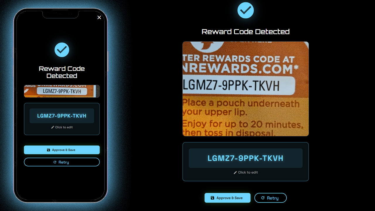 Review and approved reward code scan.