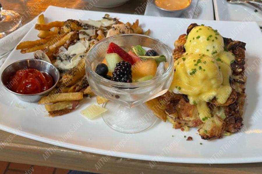 Georges bread pudding benedict and truffle fries